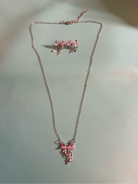 Silver-tone Pink Crystal Bow Necklace and Earring Set -NWOT